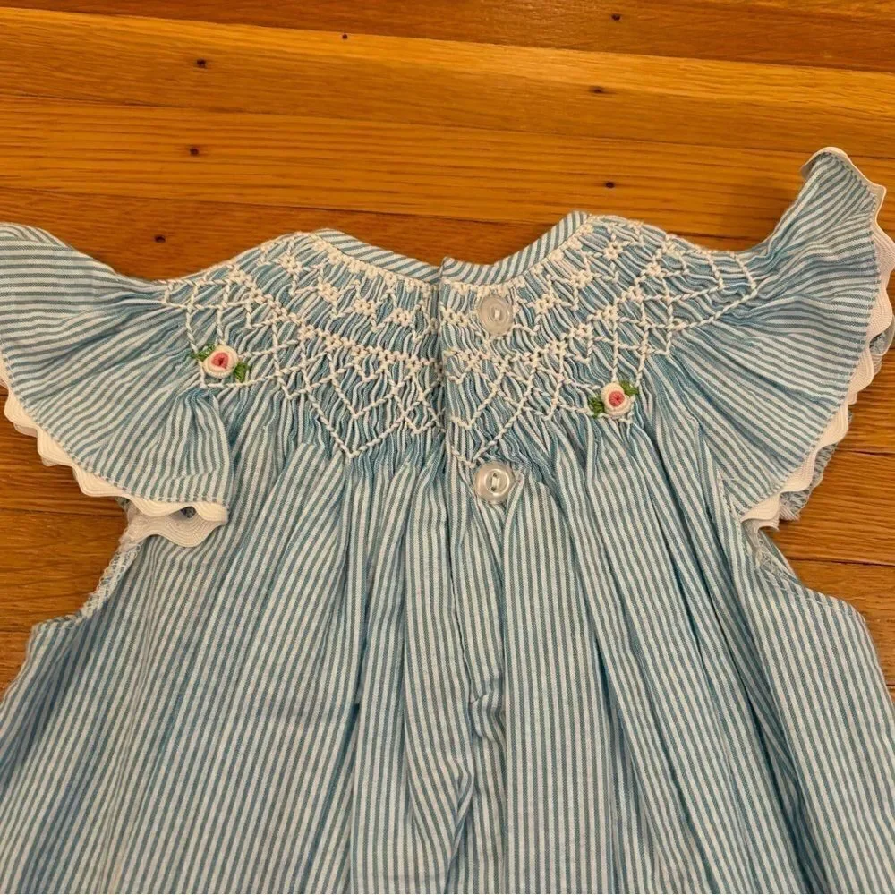 Smocked blue/white embroidered short sleeve stripe seersucker romper NWT
